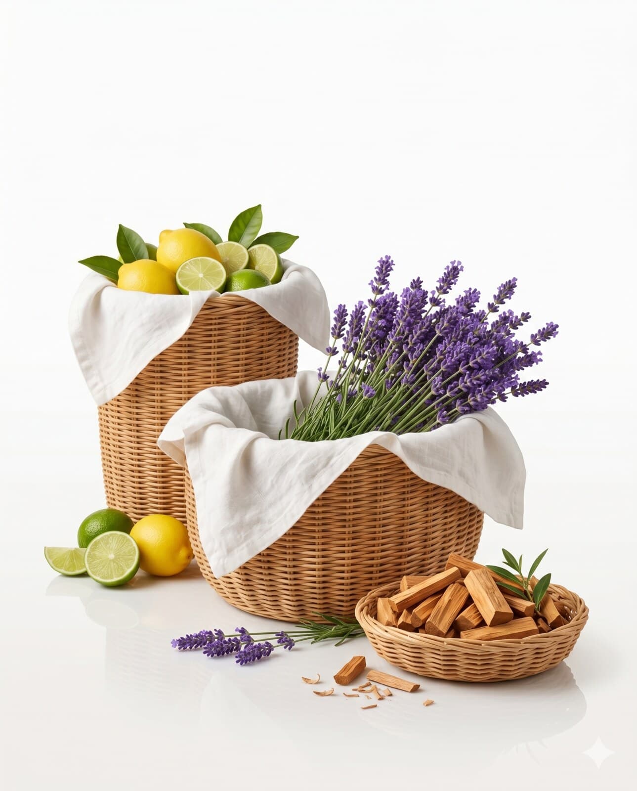 Cestas con limones, lavanda y madera de sándalo sobre fondo blanco